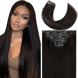 HUMAN HAIR Natural Black Yaki Straight Seamless Clip In Extensions 18in 120g